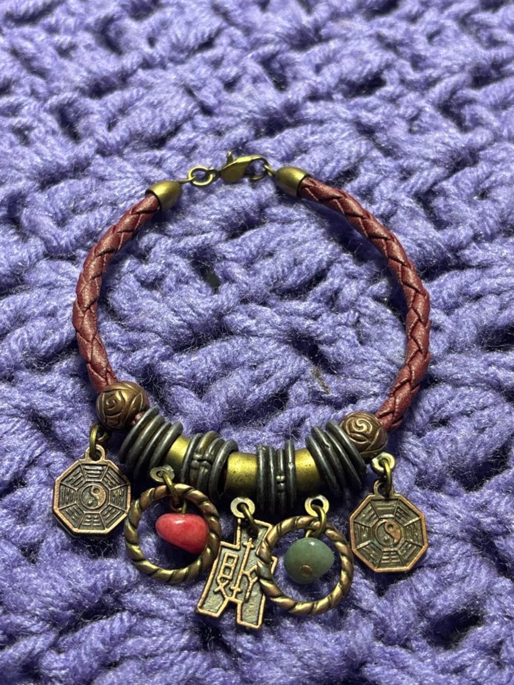Braided Cord Charm Fringe Bracelet Antiqued Goldtone 7.5 inches Stones Yin Yang